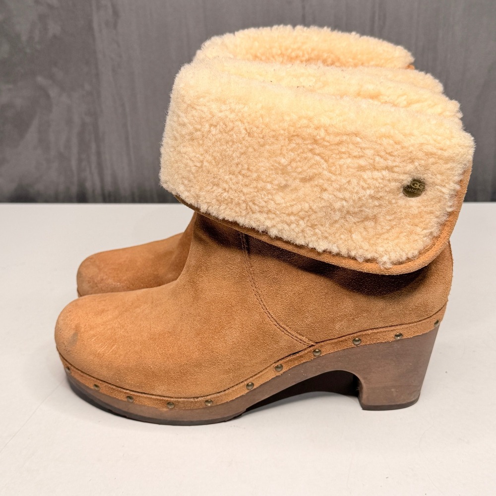 UGG Lynnea Clog Boot Women Sz 8 Chestnut Suede Shearling Fold Over Studded Wood - Picture 2 of 10